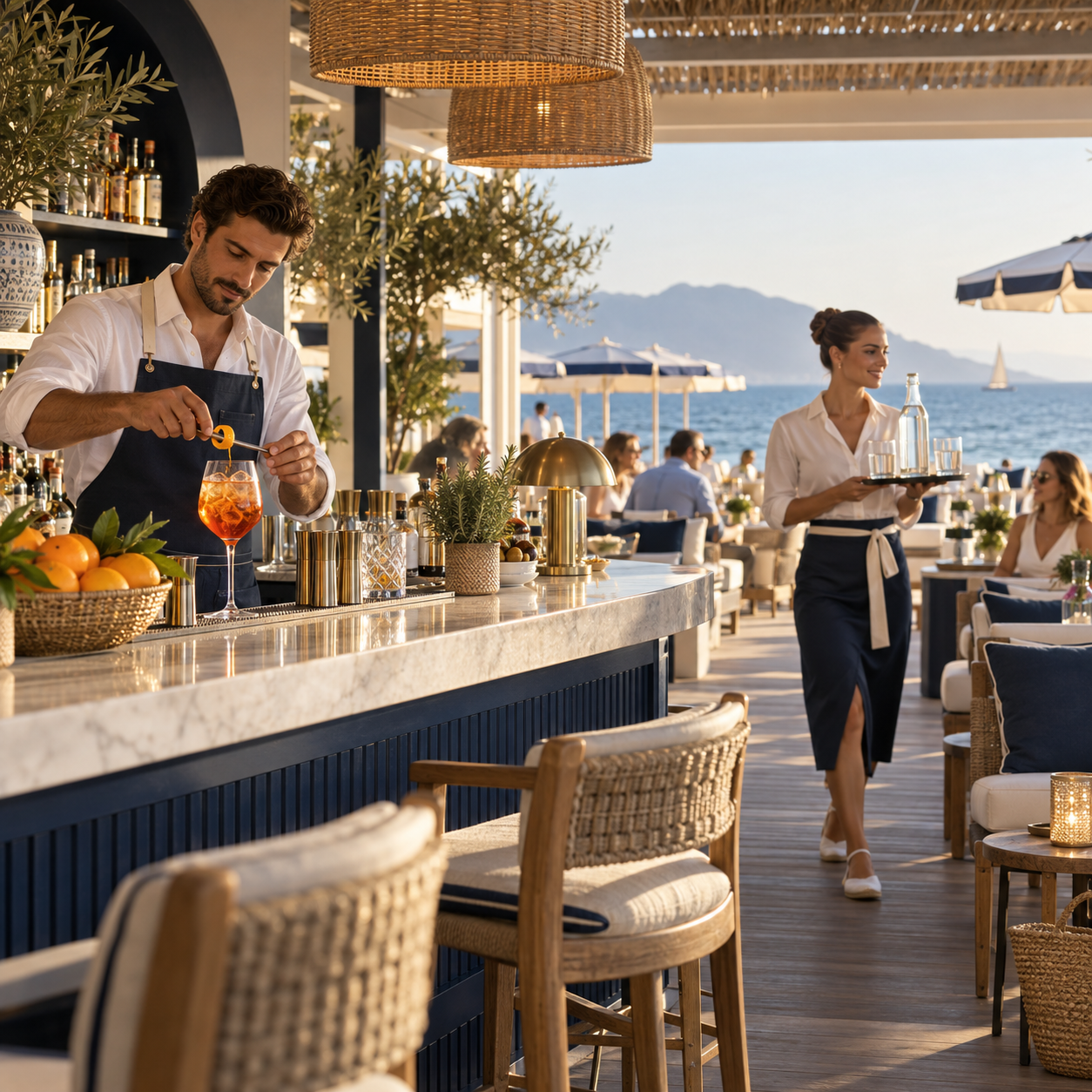 Bartender prepara un aperitivo al beach bar