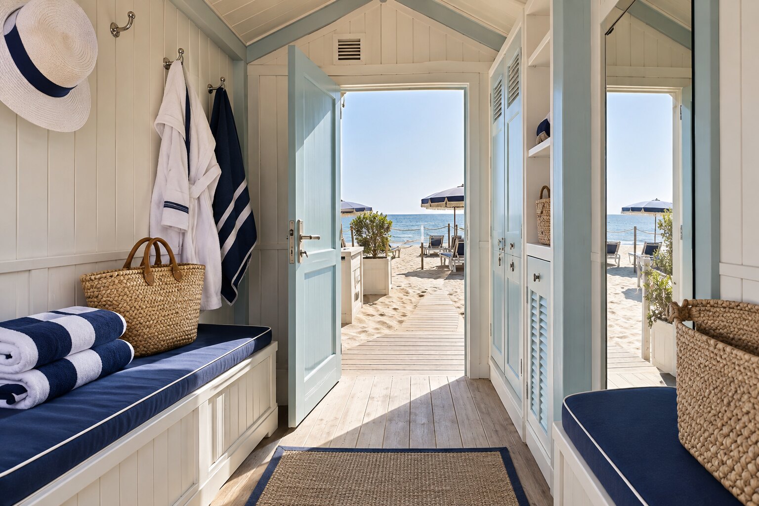 Interno attrezzato di una cabina privata con vista sul mare