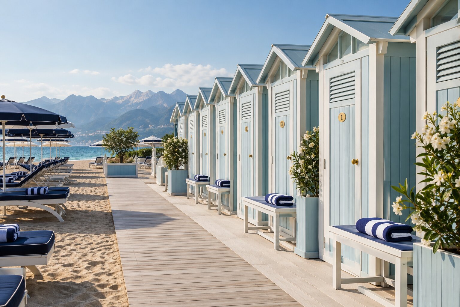 Fila di cabine private color Tiffany lungo la passerella del Beach Club