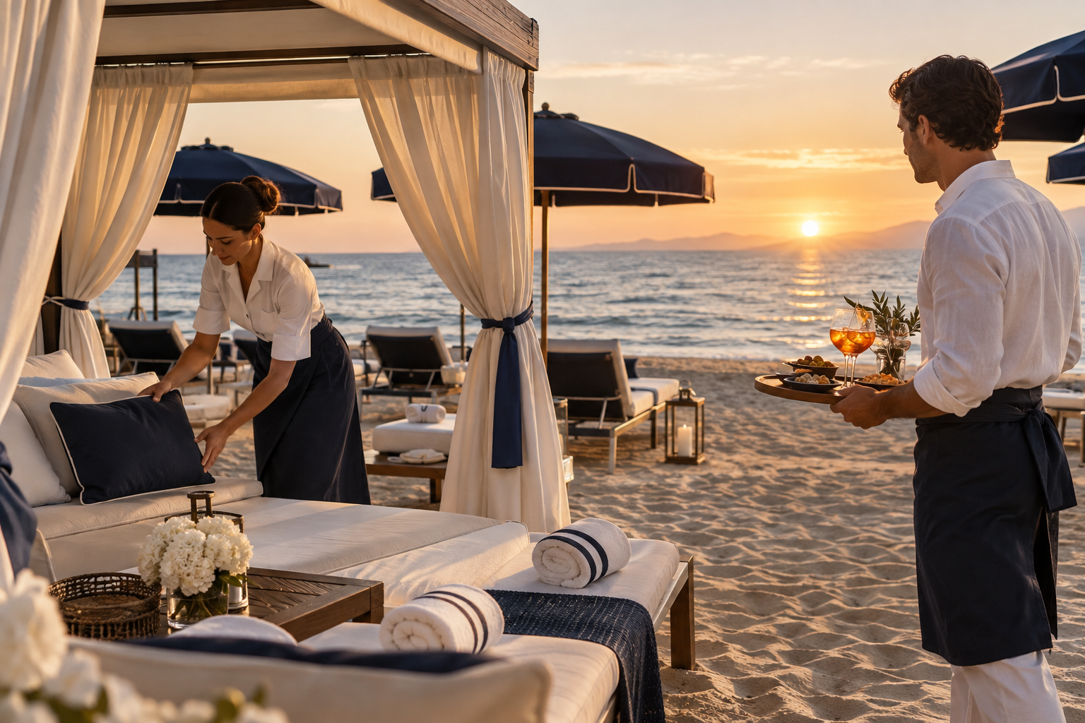 Personale prepara una lounge sulla spiaggia al tramonto